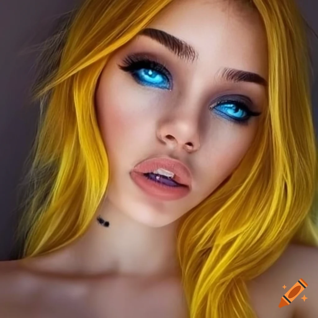 Fashion portrait of a woman with blue eyes and yellow wavy hair on Craiyon