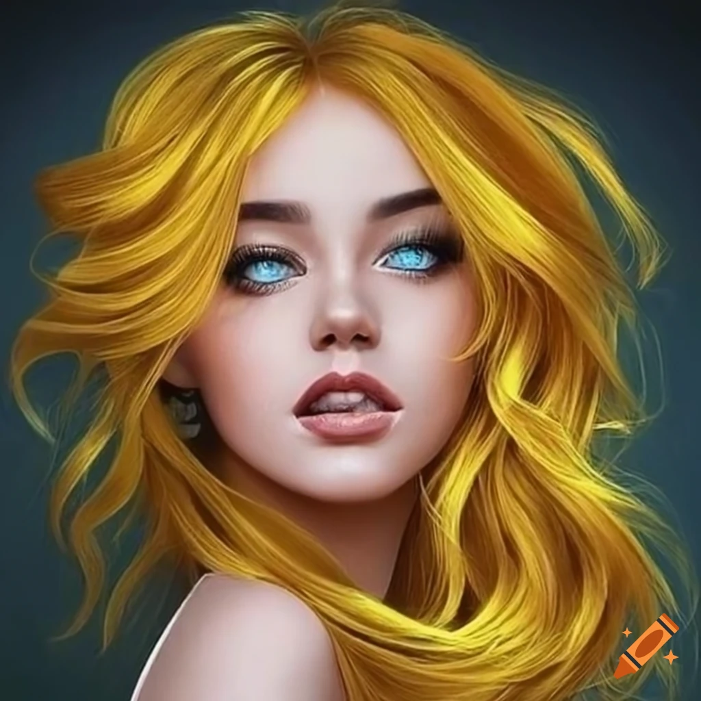 Portrait of a woman with blue eyes and yellow wavy hair on Craiyon
