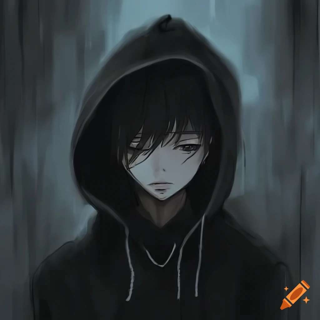 Dark anime guy in a rainy cityscape wearing a black hoodie