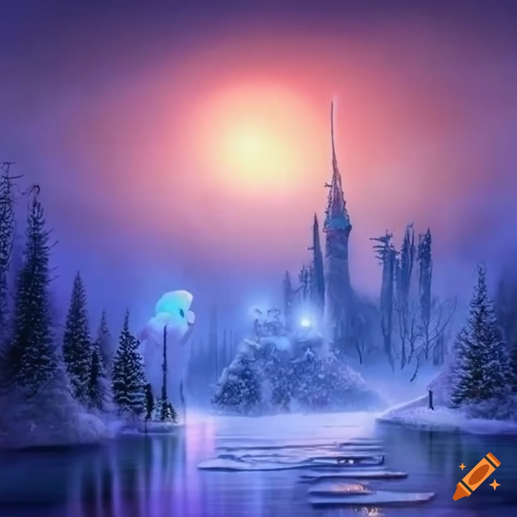 surrealistic snowy landscape with sparkling lights