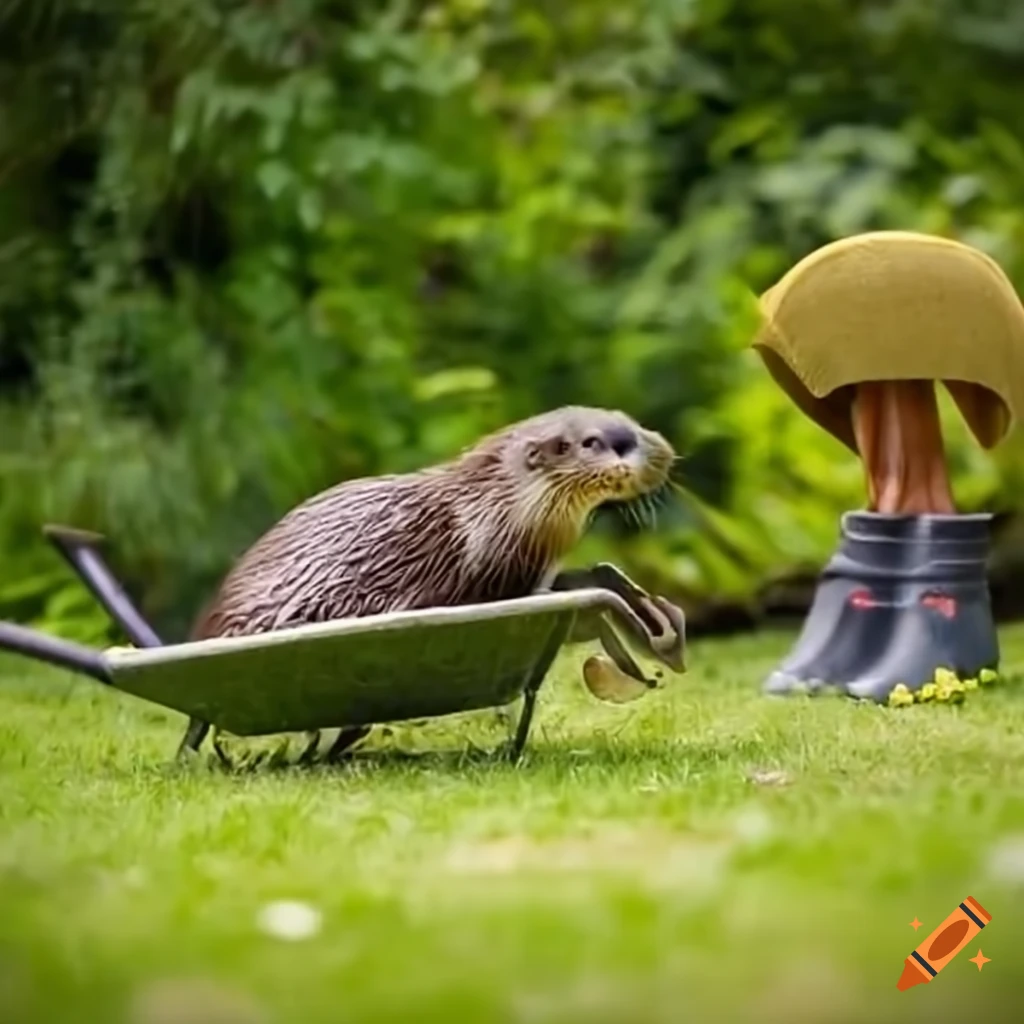 otters in hats and wellies working in a garden
