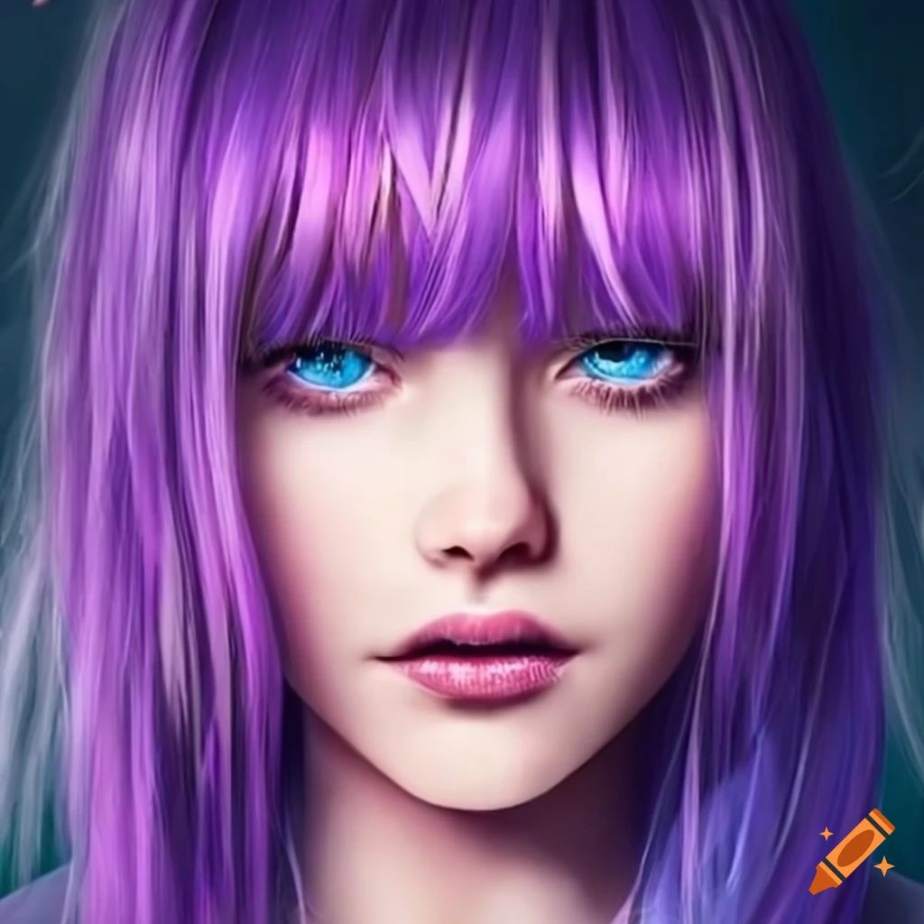Portrait of a girl with purple hair and ice blue eyes on Craiyon