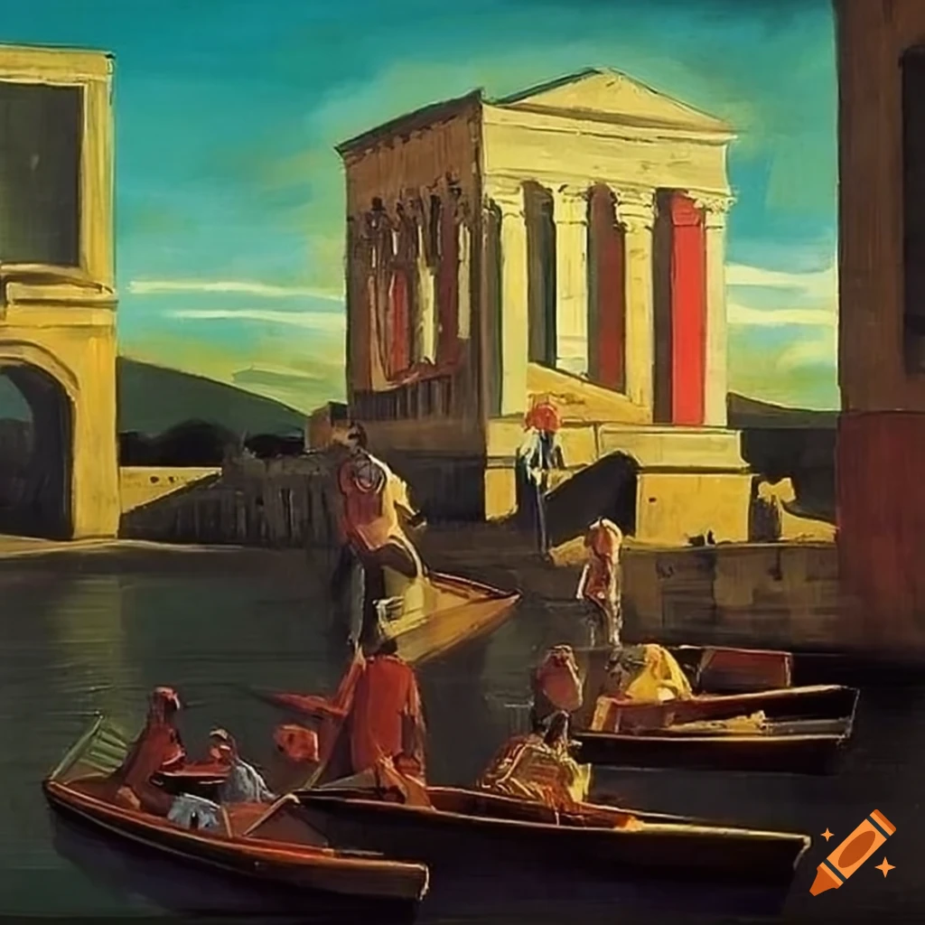painting of punting on a river under a bridge