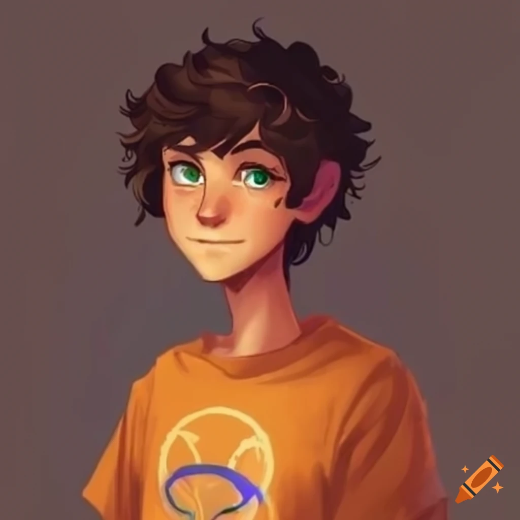 Percy Jackson with green eyes and orange shirt holding a sword