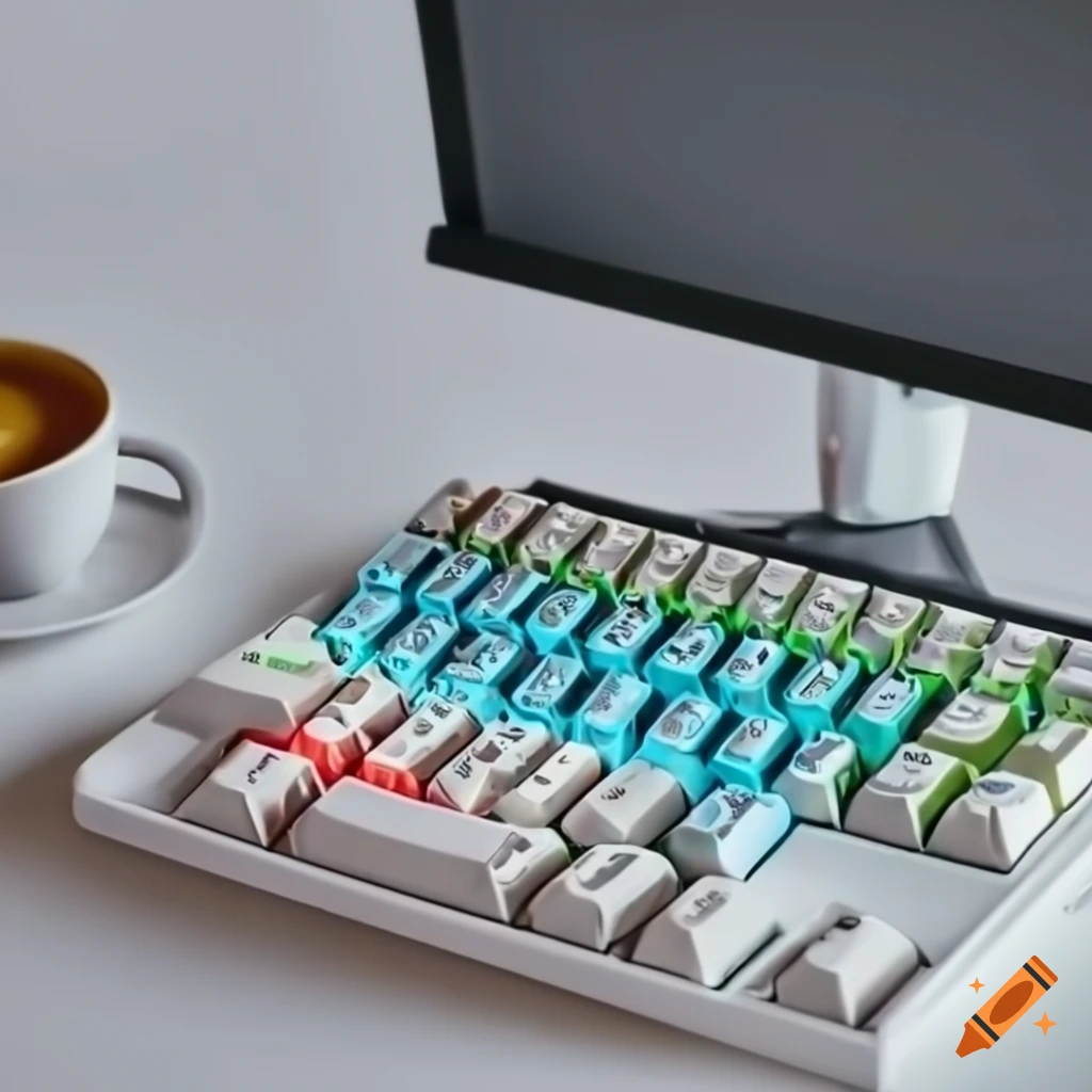 White mechanical keyboard on a clean desk with coffee on Craiyon
