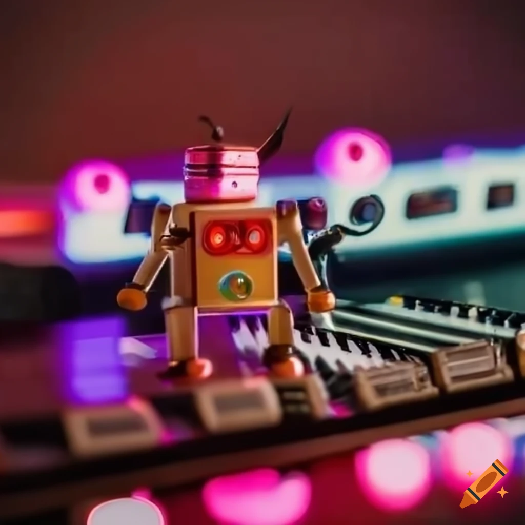 futuristic synth with illuminated buttons and a small robot