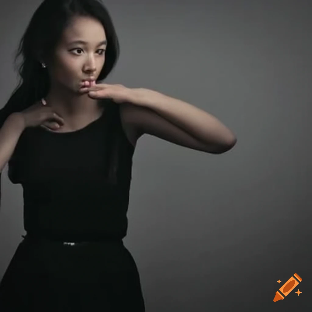 Portrait of a young korean woman in black slip dress and long