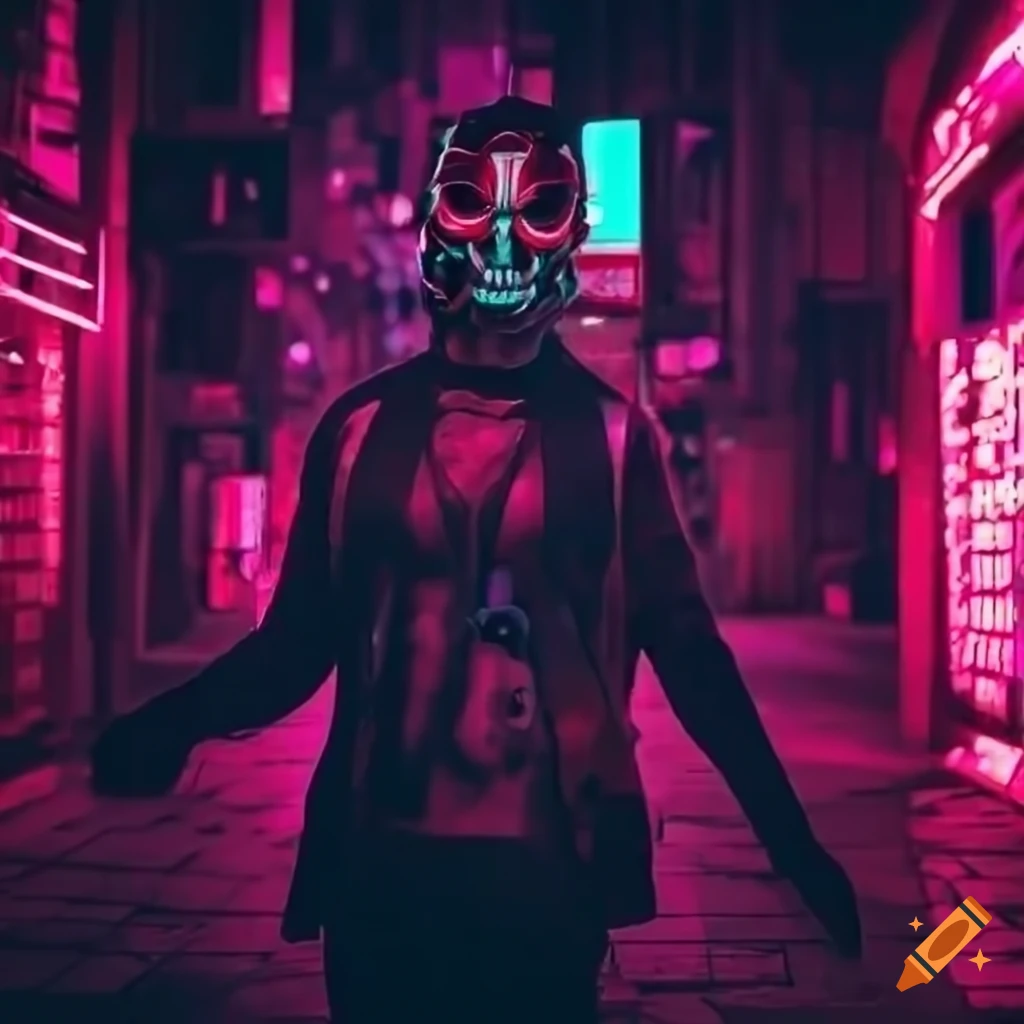Cyberpunk inspired Japanese Street With A Cyborg In A Neon Oni Mask On cyberpunk-inspired-japanese-street-with-a-cyborg-in-a-neon-oni-mask-on
