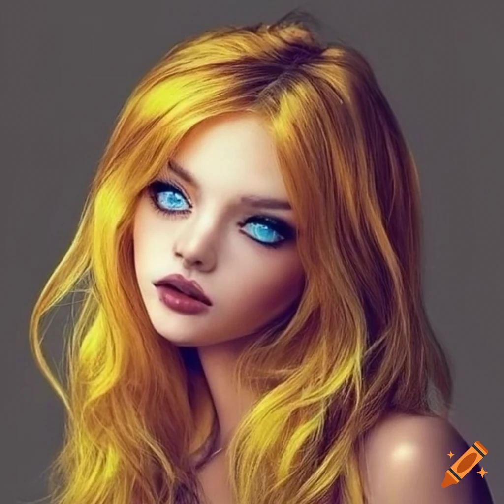 Portrait of a woman with blue eyes and yellow wavy hair on Craiyon