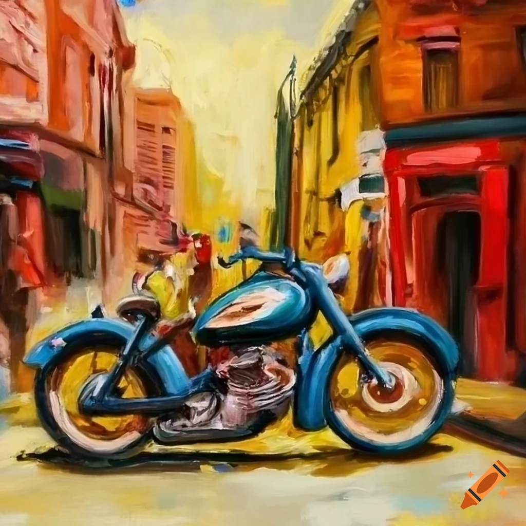 Oil painting of a vintage motorcycle repair shop on Craiyon