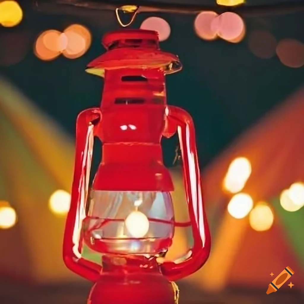 red kerosene lantern and colorful tents at night