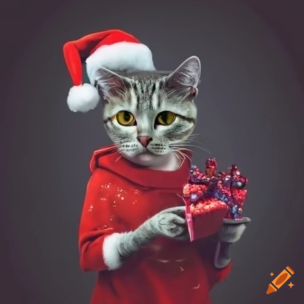 photorealistic picture of a sad cat in a Santa Claus hat