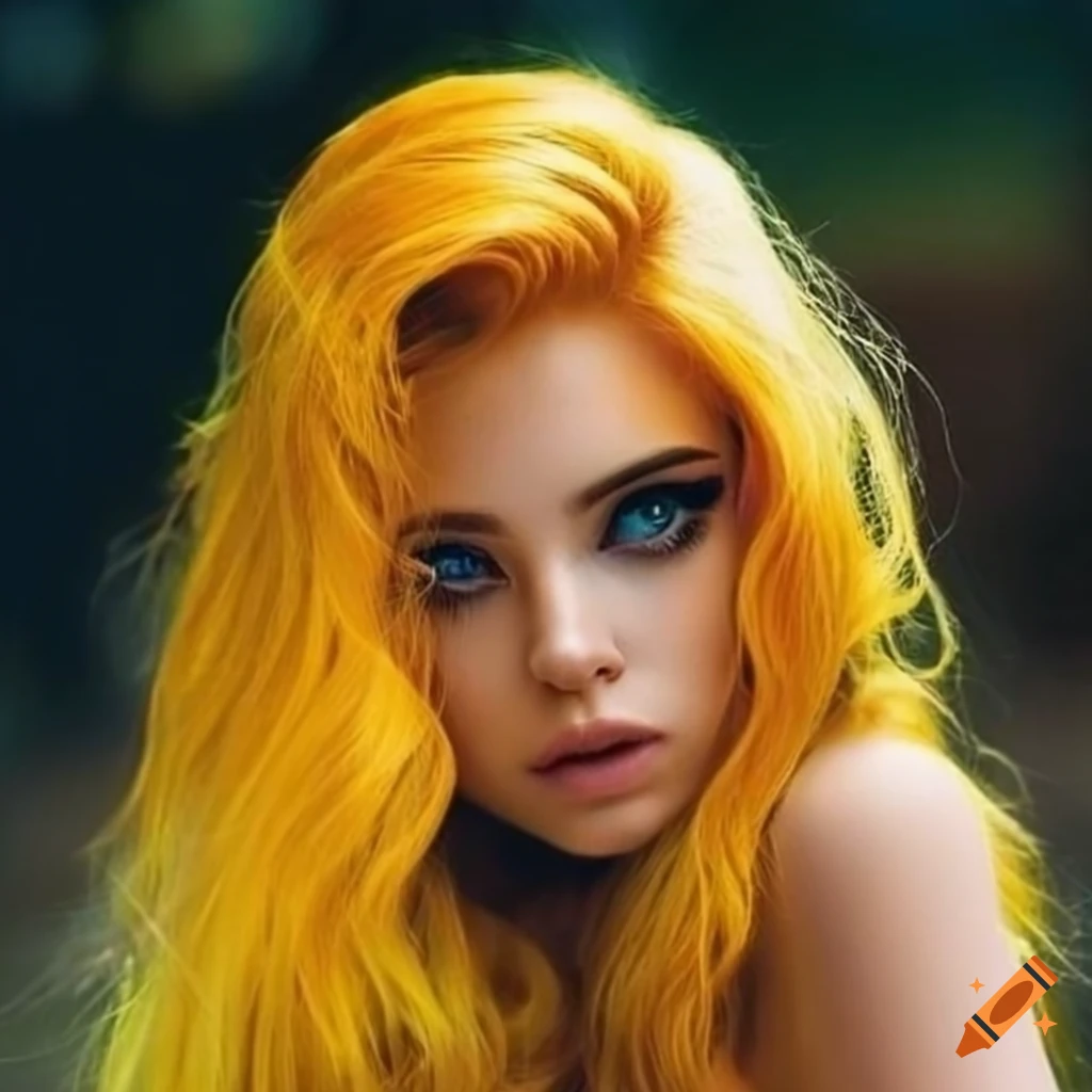 Fashion portrait of a woman with blue eyes and yellow wavy hair on Craiyon