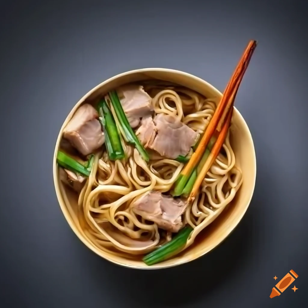delicious bowl of brown noodles with pork and chives