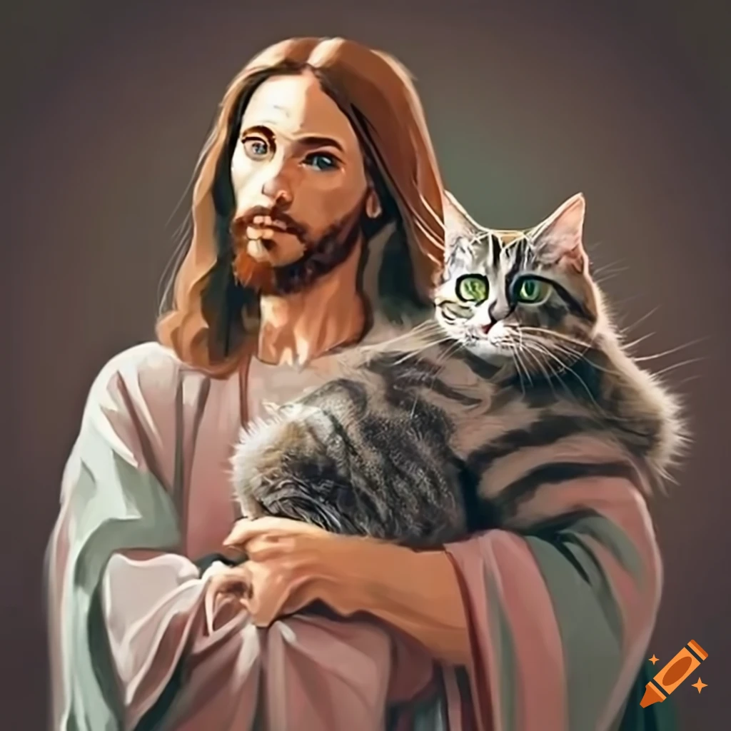 Image of jesus holding a maine coon cat