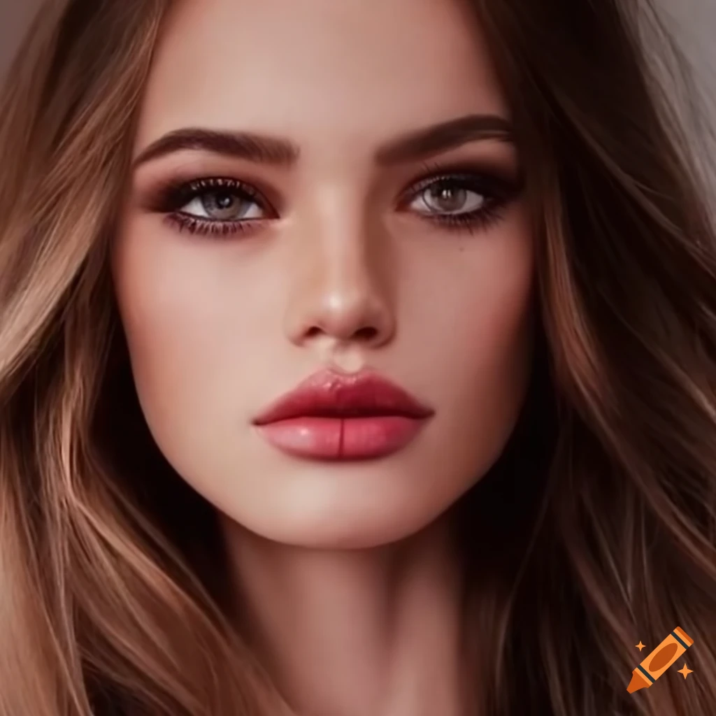 Close-up portrait of a young woman with brown hair and piercing gaze