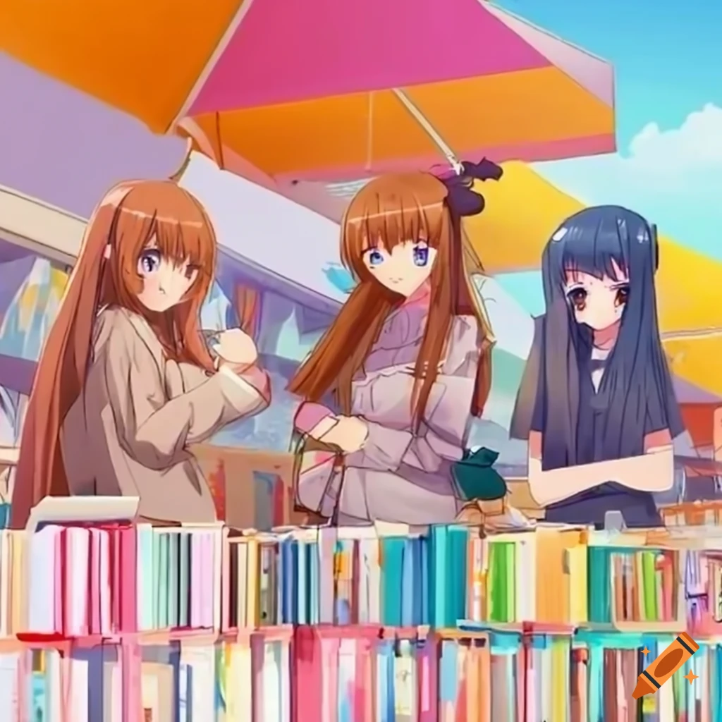 Anime girls buying books at a colorful book market on Craiyon