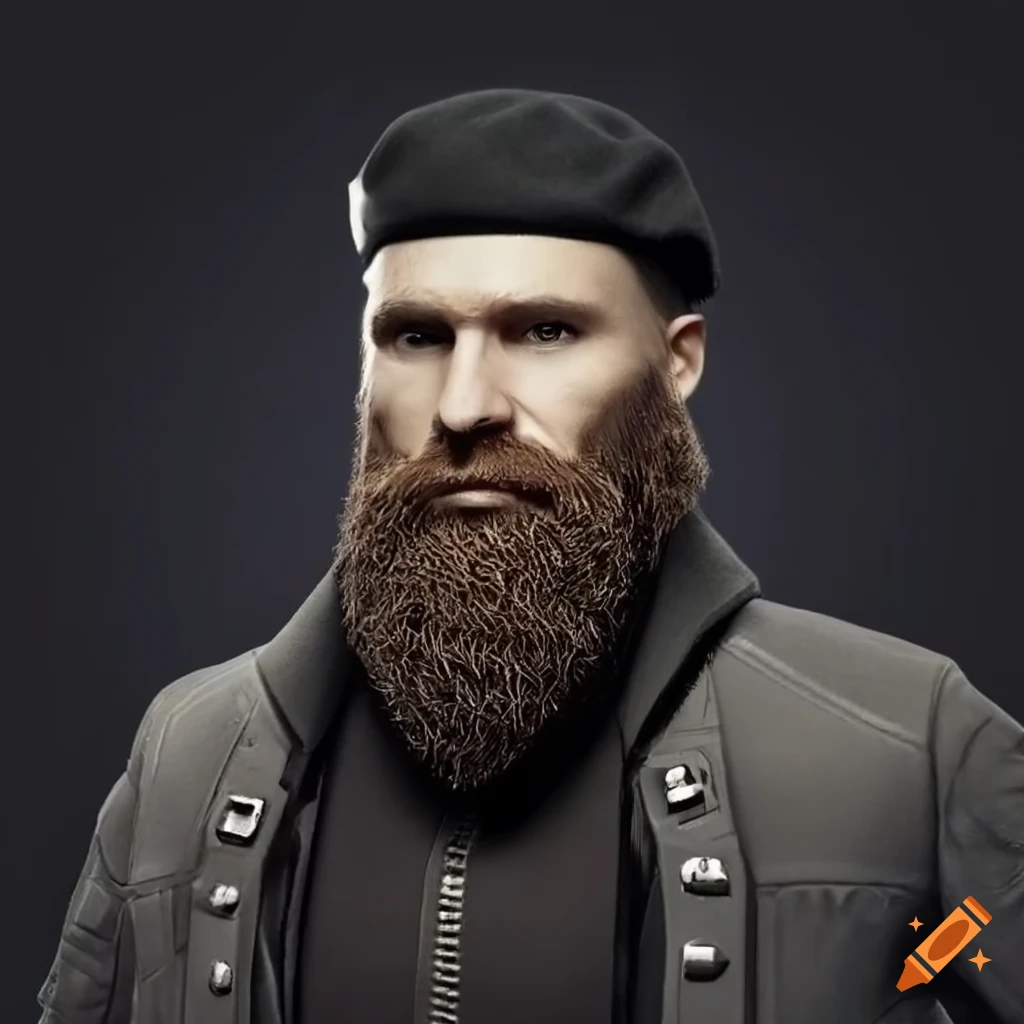 Image of a futuristic soldier with a beard and beret