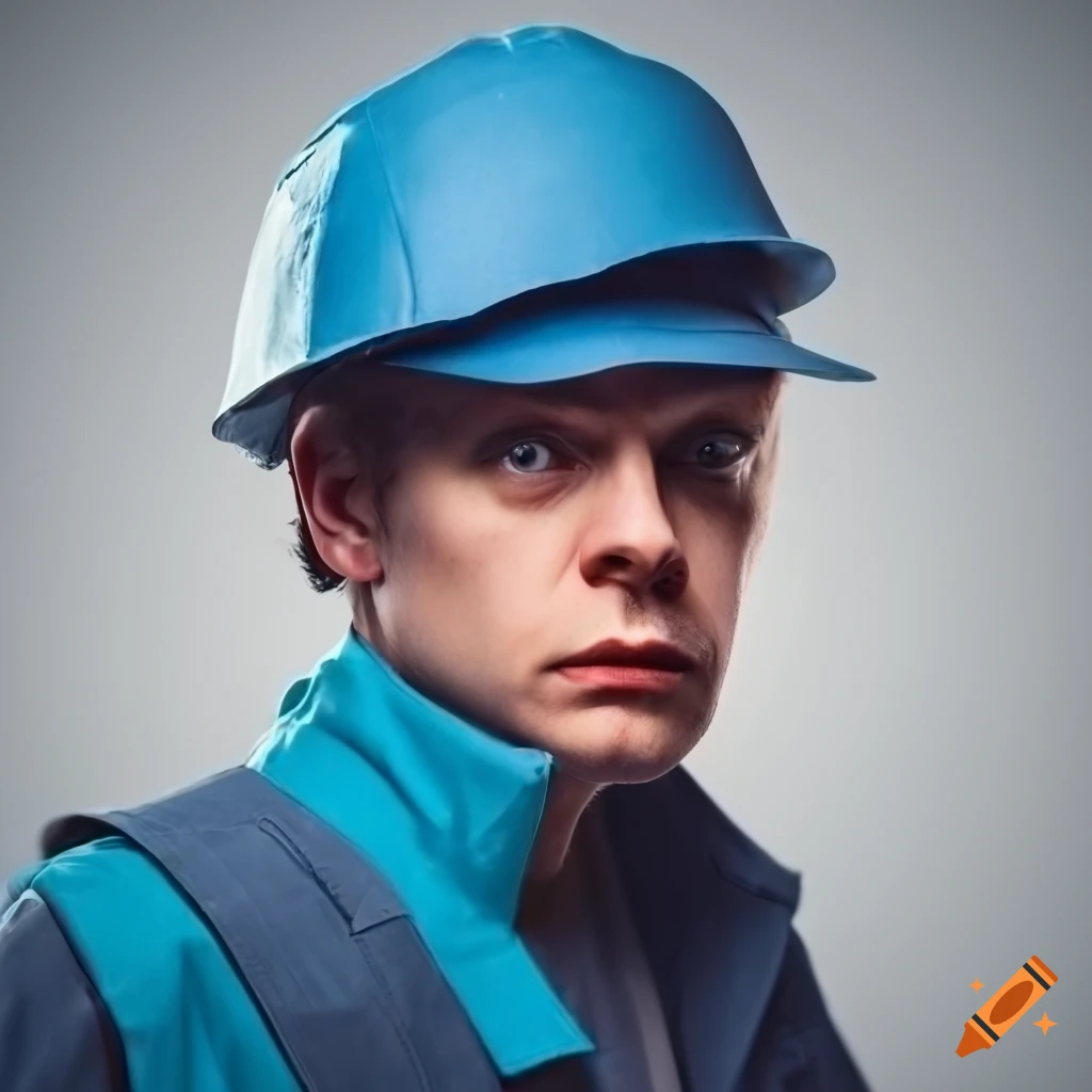 Vintage low-poly portrait of a man in a blue work cap and jacket on Craiyon
