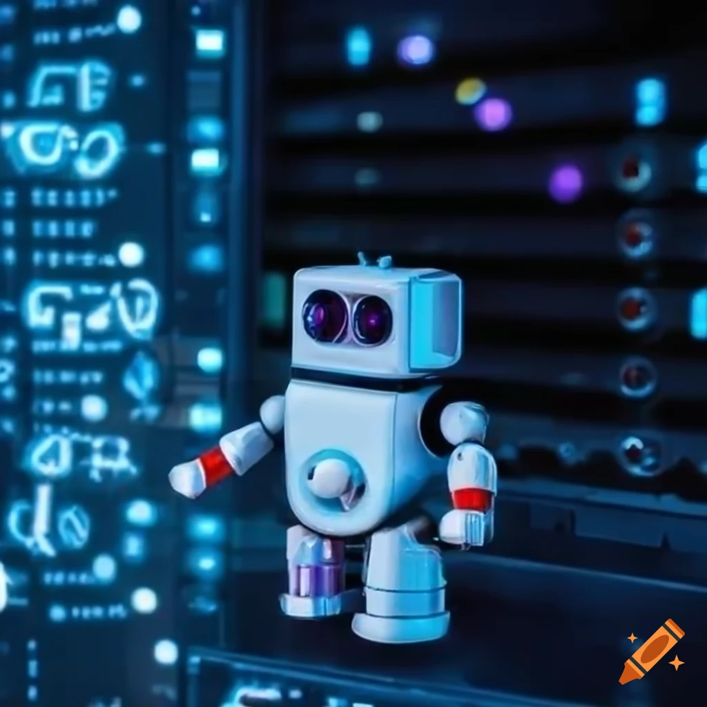 futuristic robot next to an illuminated machine