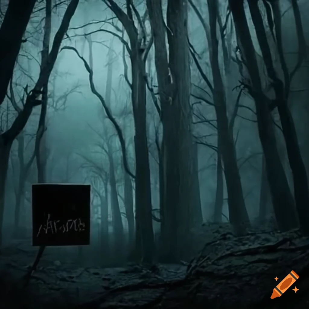 haunted forest with a mysterious sign