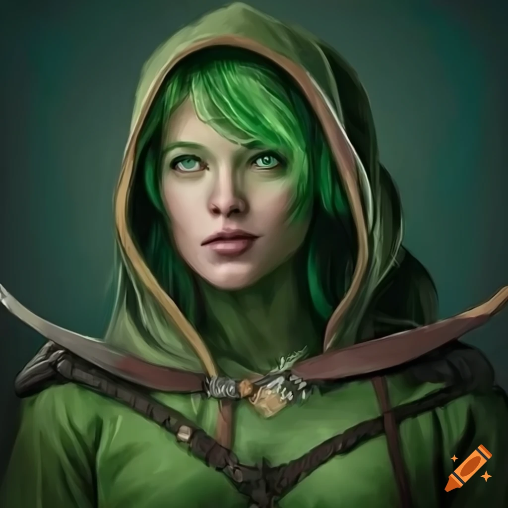 Illustration of a female elf ranger with green hair and knives