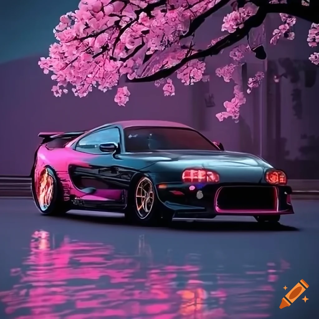 Toyota supra mk4 with black and pink color scheme in a traditional japanese  village theme on Craiyon