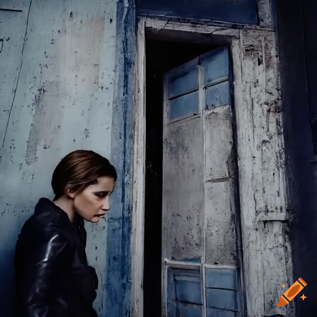close-up photorealistic image of a young woman peeking through a door