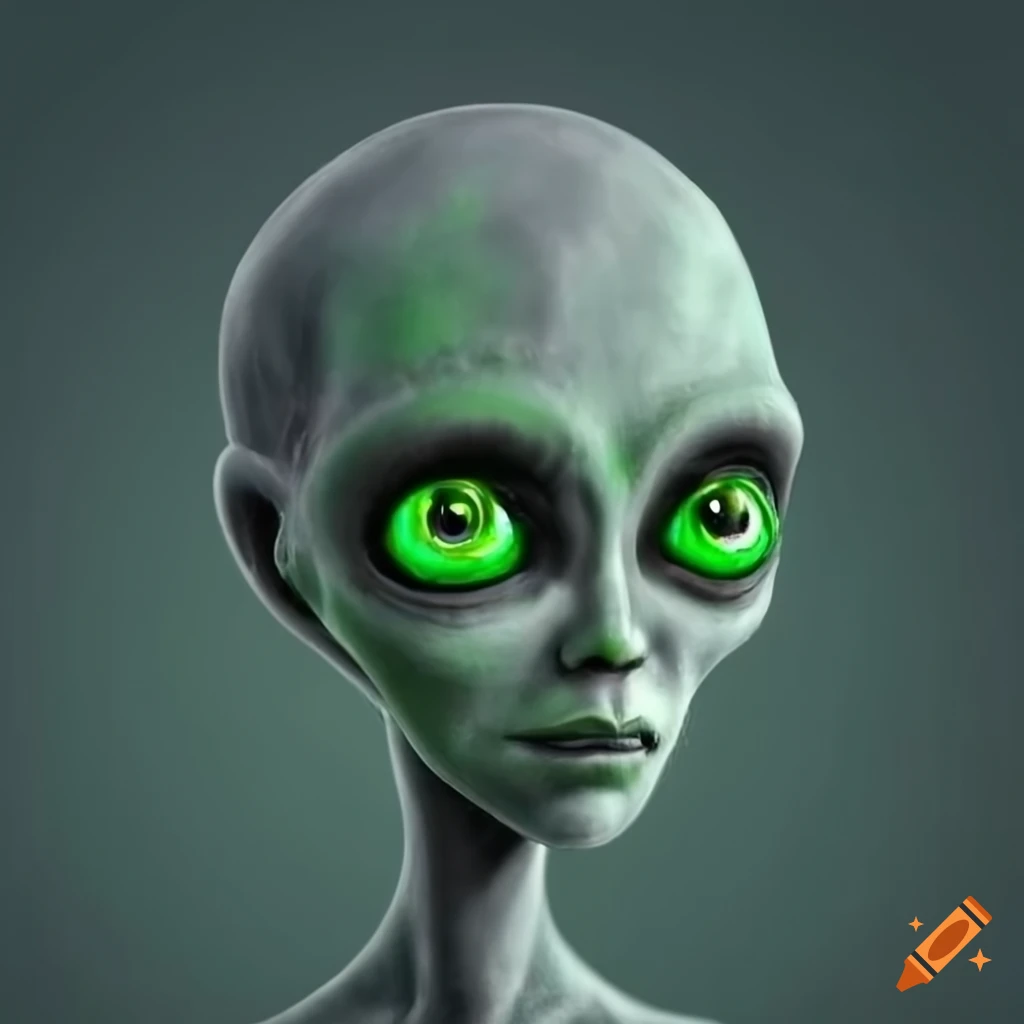 illustration of a grey alien with bright green eyes