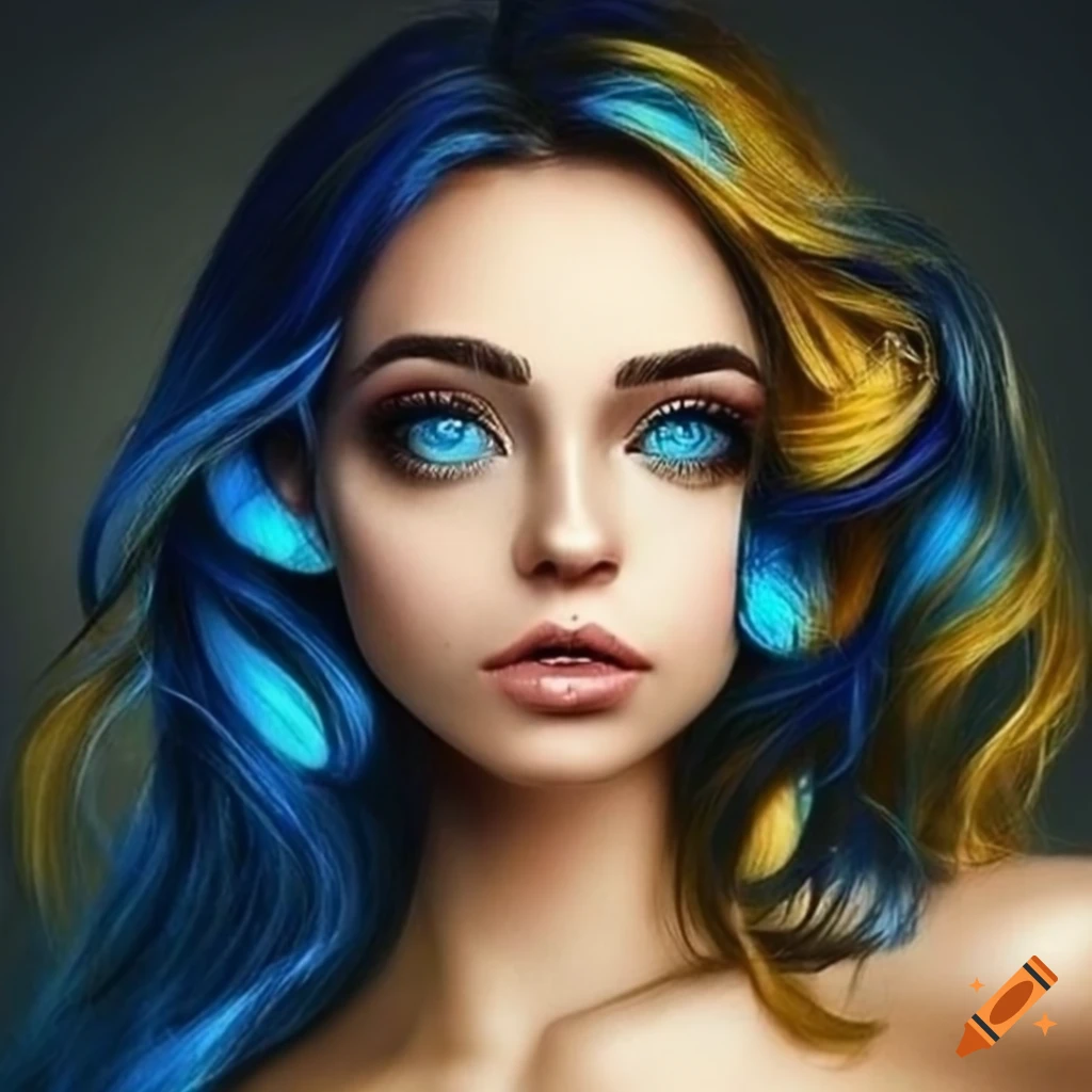 Fashion portrait of a woman with blue eyes and yellow wavy hair