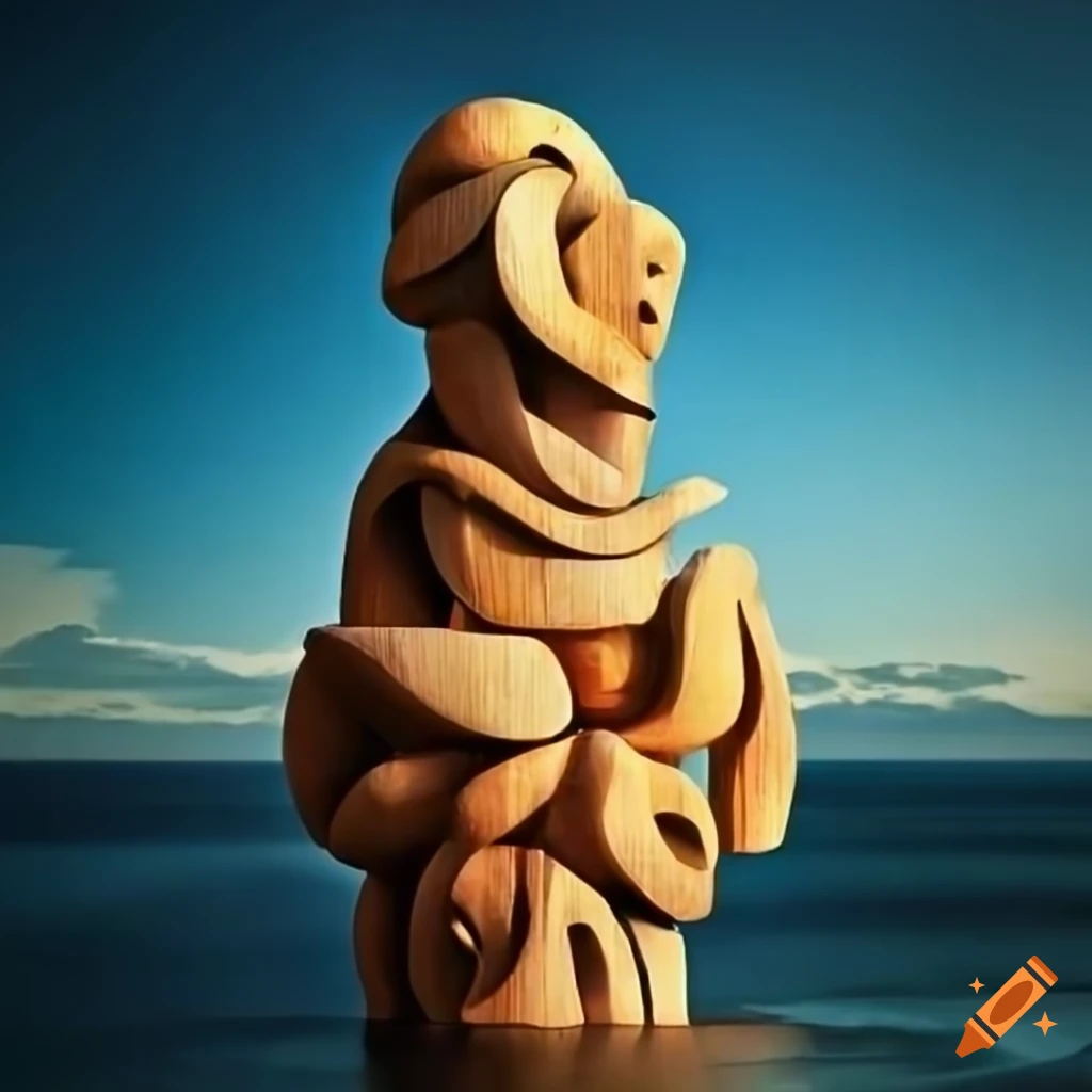 Surreal landscape with wooden sculpture