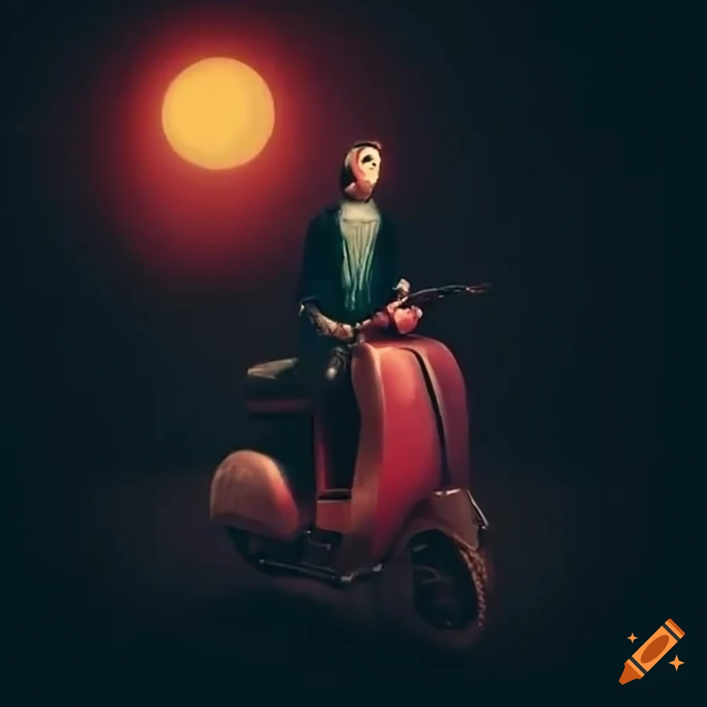 man riding a scooter with a mysterious aura