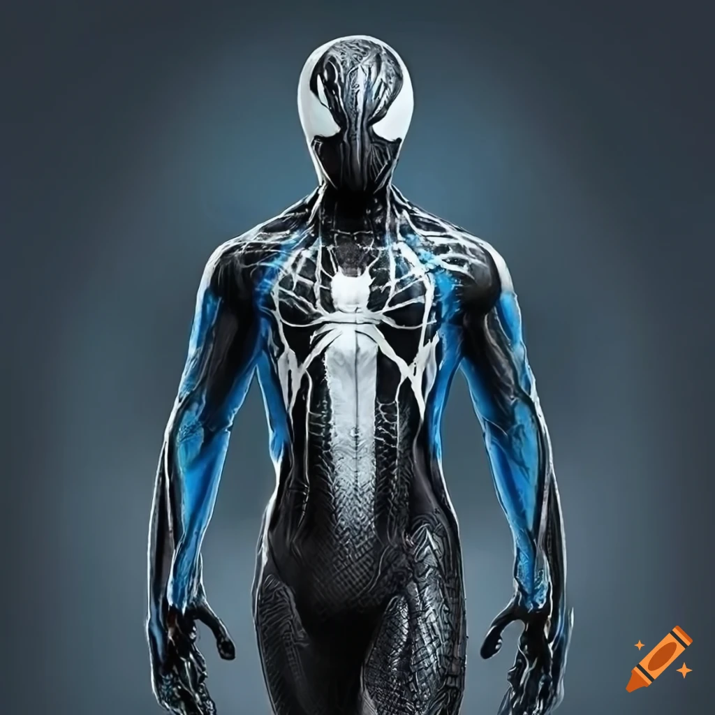 Visually striking black and blue symbiote suit with a white spider ...
