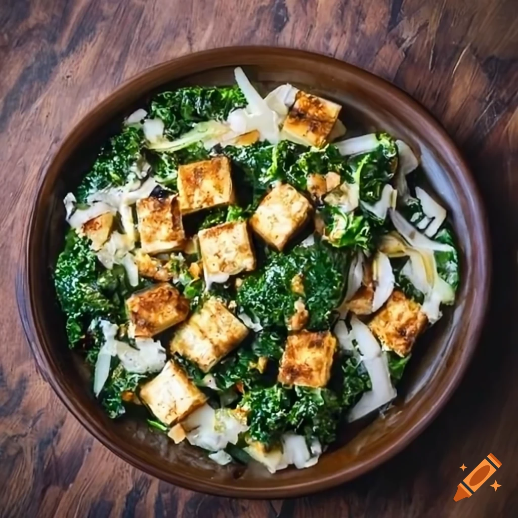Toasted coconut and kale salad with baked tofu on Craiyon
