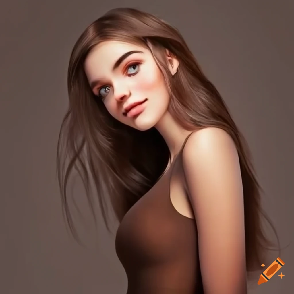 girl with beautiful hazel eyes and long brown hair in a party dress