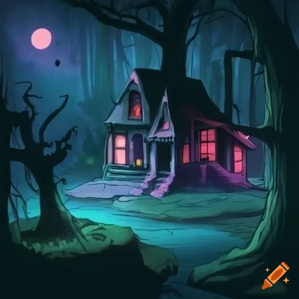 haunted cottage in a forest at night in anime style