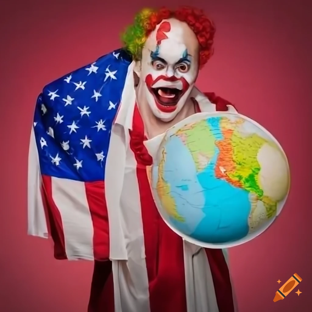 clown holding a globe with American flag