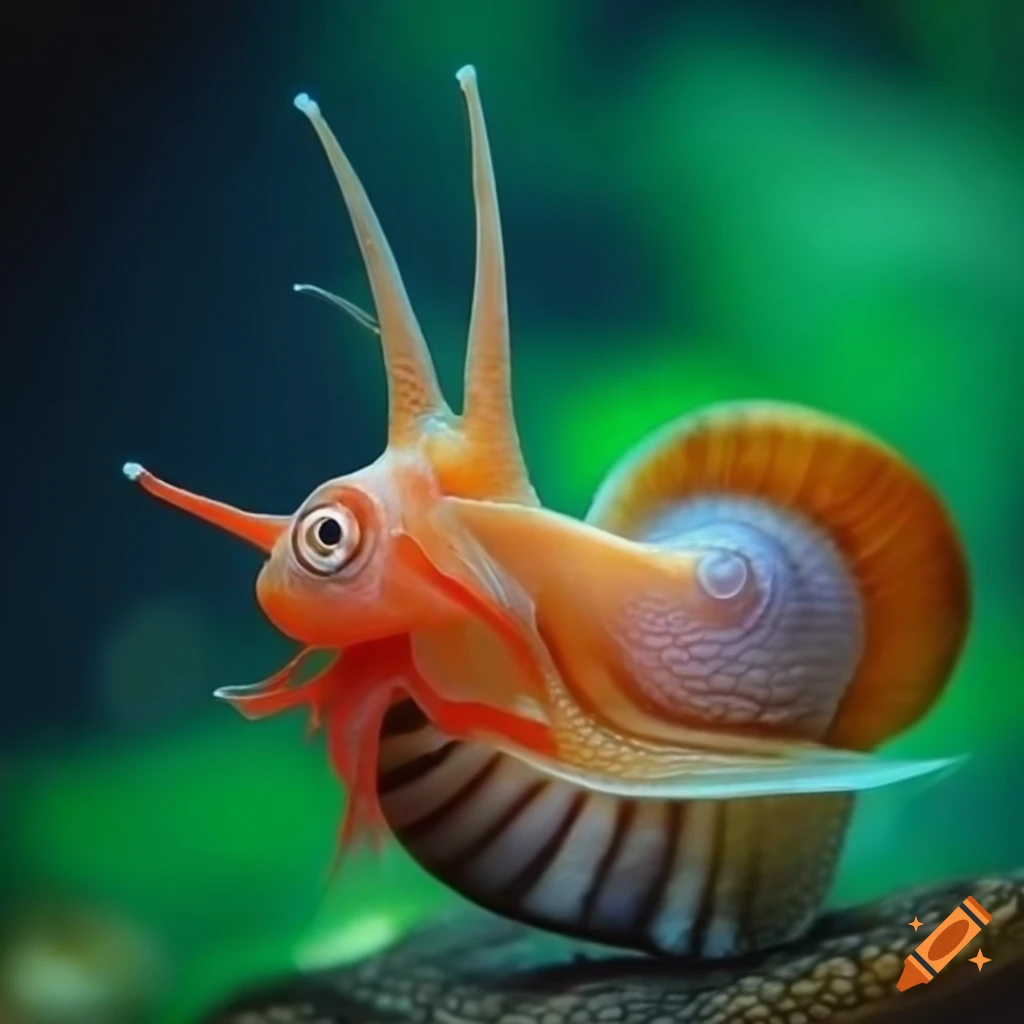 Unique hybrid creature of a snail and fish on Craiyon