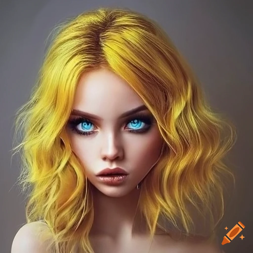 Portrait of a woman with blue eyes and wavy yellow hair