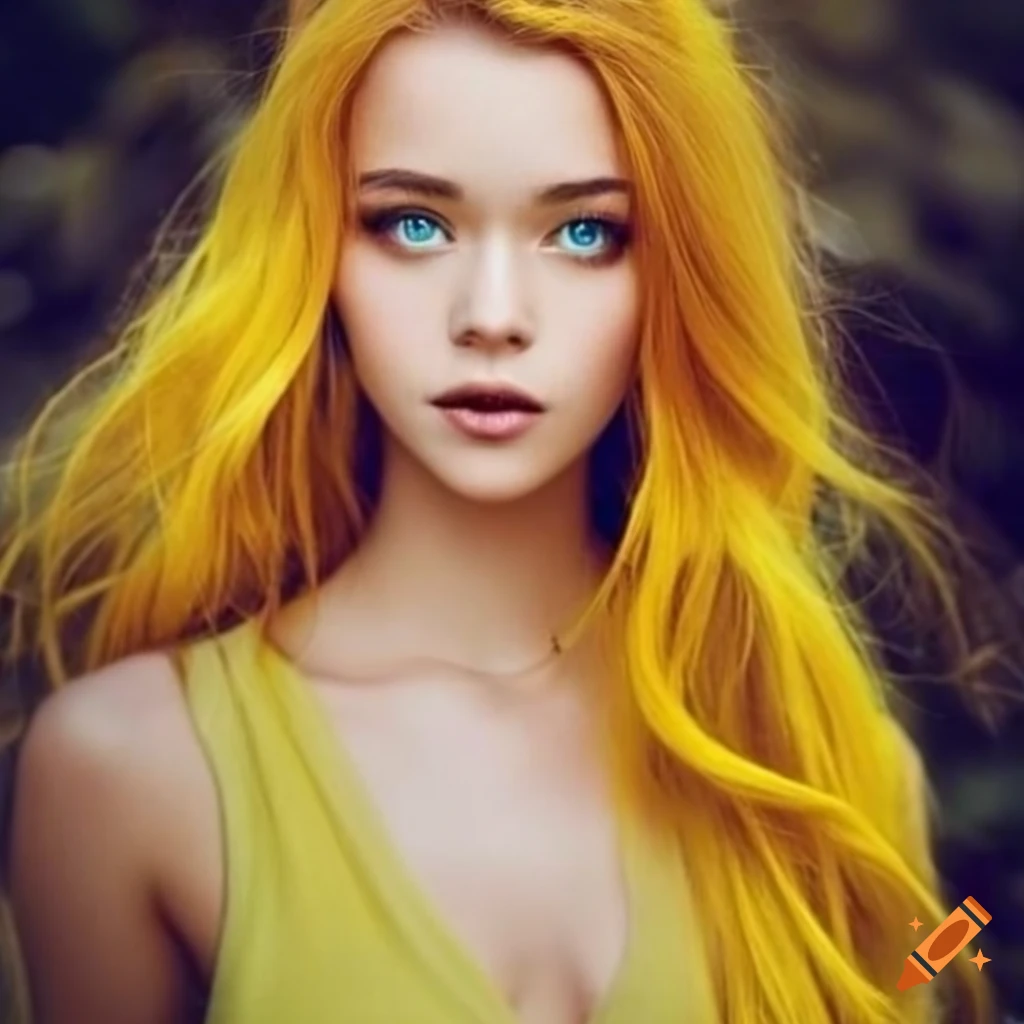 Portrait of a woman with blue eyes and yellow wavy hair on Craiyon