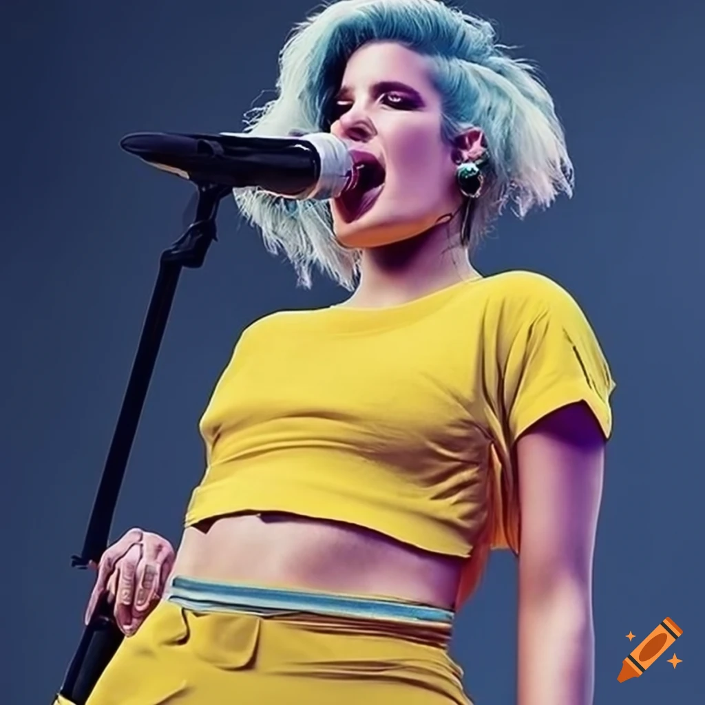 Halsey performing on stage in a yellow t-shirt