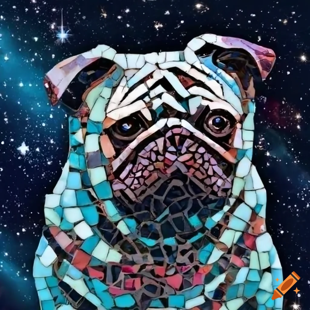 mosaic pug in a space-themed artwork