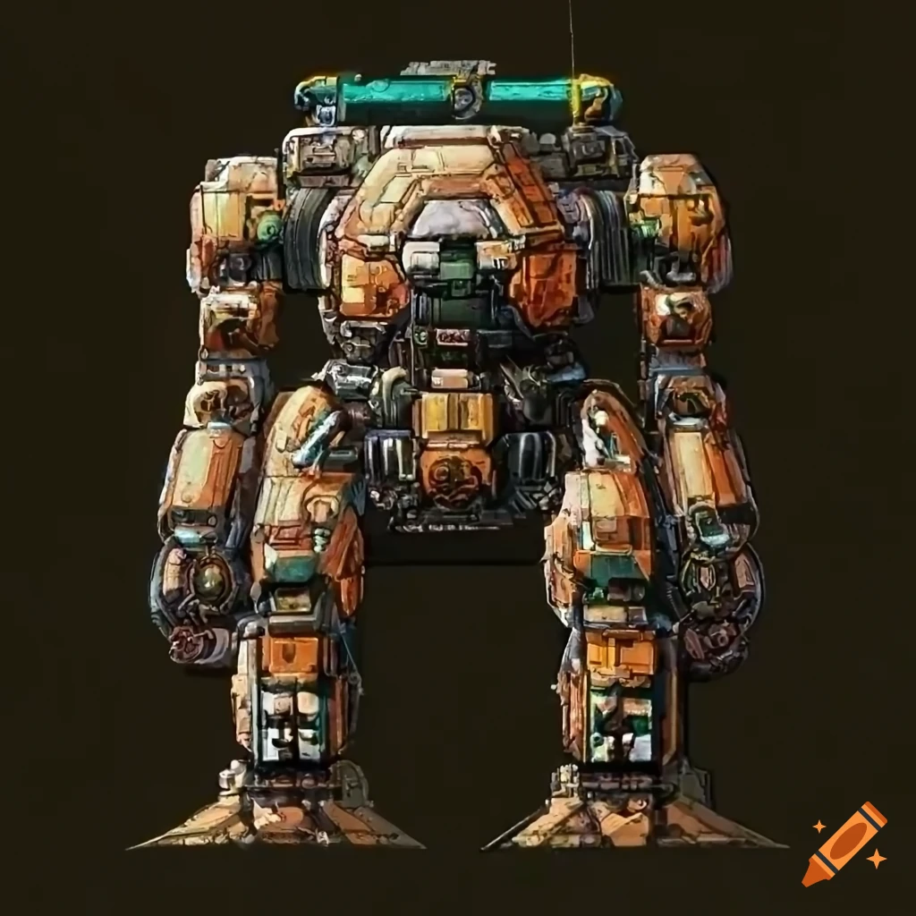 detailed illustration of a mech suit with missiles and lasers