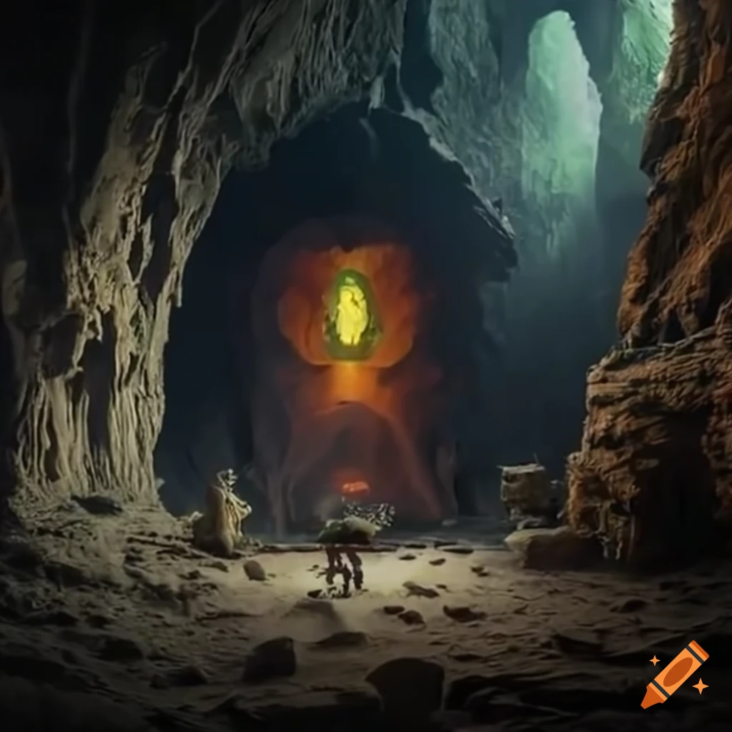 image of a spooky ritual cave with goblins and machines