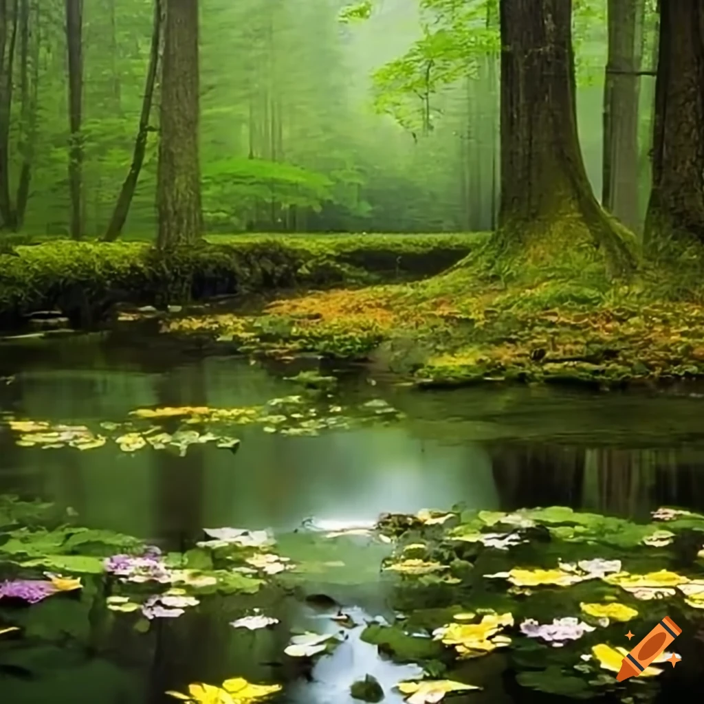 pond lilies in a forest