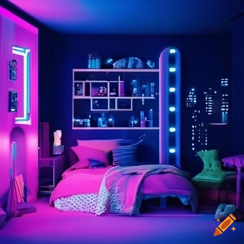 Neon-lit bedroom with cityscape design on Craiyon