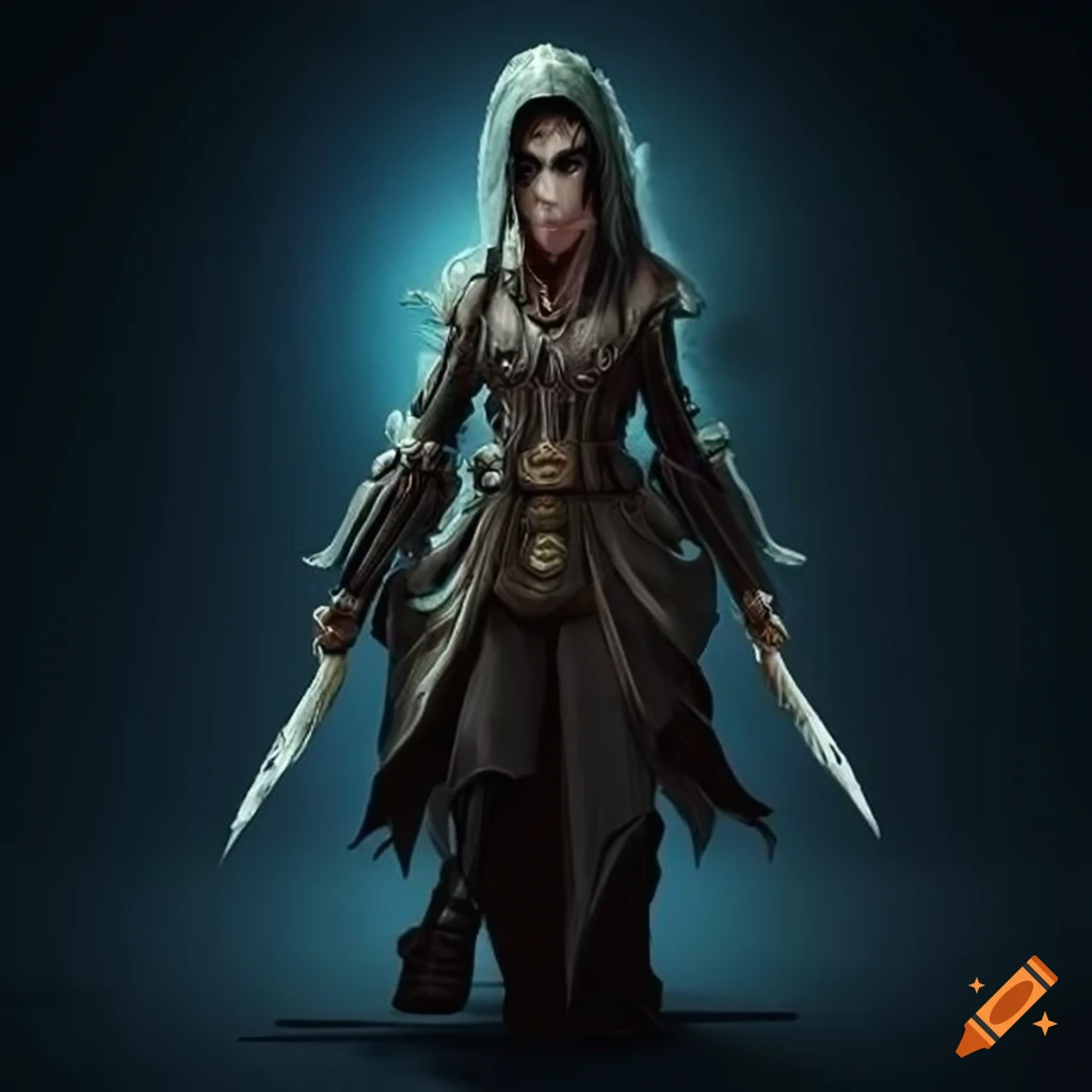 Dungeons and dragons cleric alchemist female in dark clothing on Craiyon