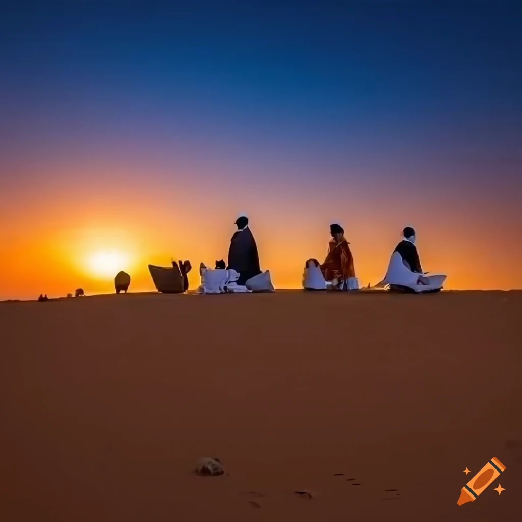 afrofuturistic scene of Bedouins enjoying tea under a desert sunset on Mars