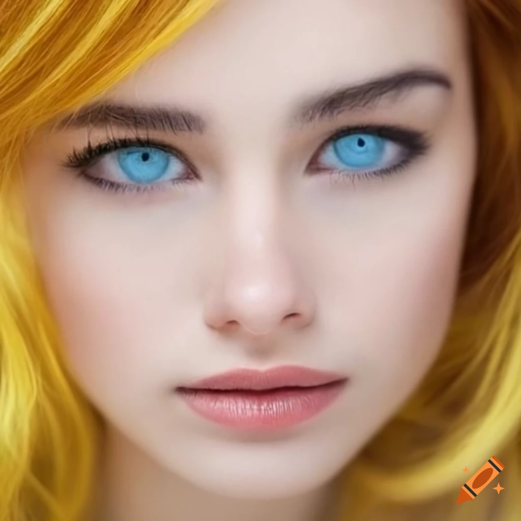 Portrait of a woman with blue eyes and yellow wavy hair on Craiyon
