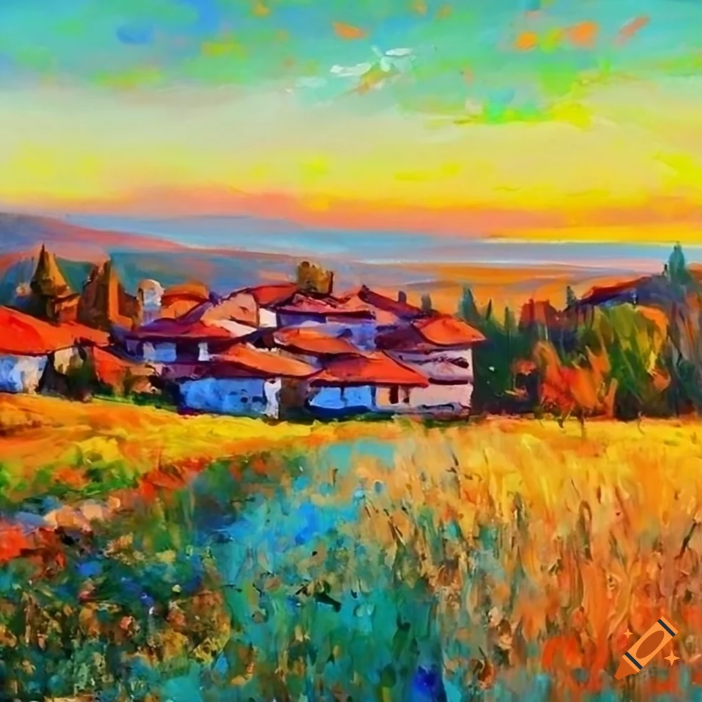 Serene painting of a colorful countryside village on Craiyon